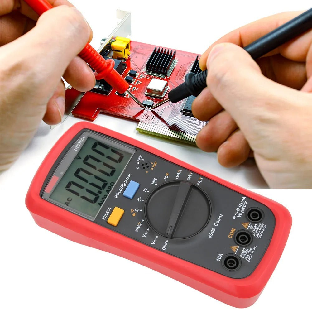 UNI-T UT136C+ Digital Multimeter, 3999 Counts, True RMS, CAT III 600V, Temperature, hFE, 10A Current, 40mF Capacitance
