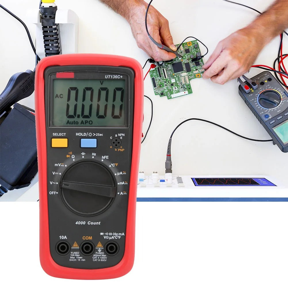 UNI-T UT136C+ Digital Multimeter, 3999 Counts, True RMS, CAT III 600V, Temperature, hFE, 10A Current, 40mF Capacitance