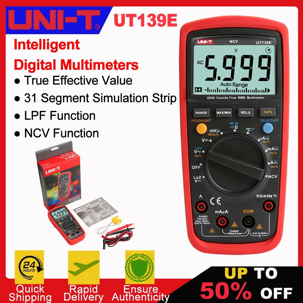 UNI-T UT139E Digital Multimeter, 6000 Counts, True RMS, CAT III 600V, LoZ/LPF, NCV, Temperature, 10A Current, 99.99mF Capacitance
