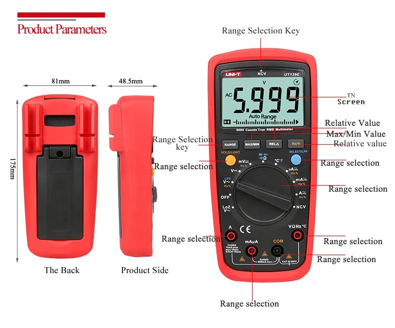 UNI-T UT139E Digital Multimeter, 6000 Counts, True RMS, CAT III 600V, LoZ/LPF, NCV, Temperature, 10A Current, 99.99mF Capacitance