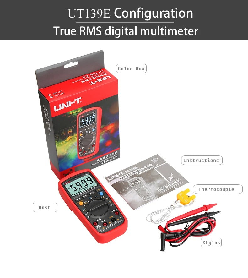 UNI-T UT139E Digital Multimeter, 6000 Counts, True RMS, CAT III 600V, LoZ/LPF, NCV, Temperature, 10A Current, 99.99mF Capacitance