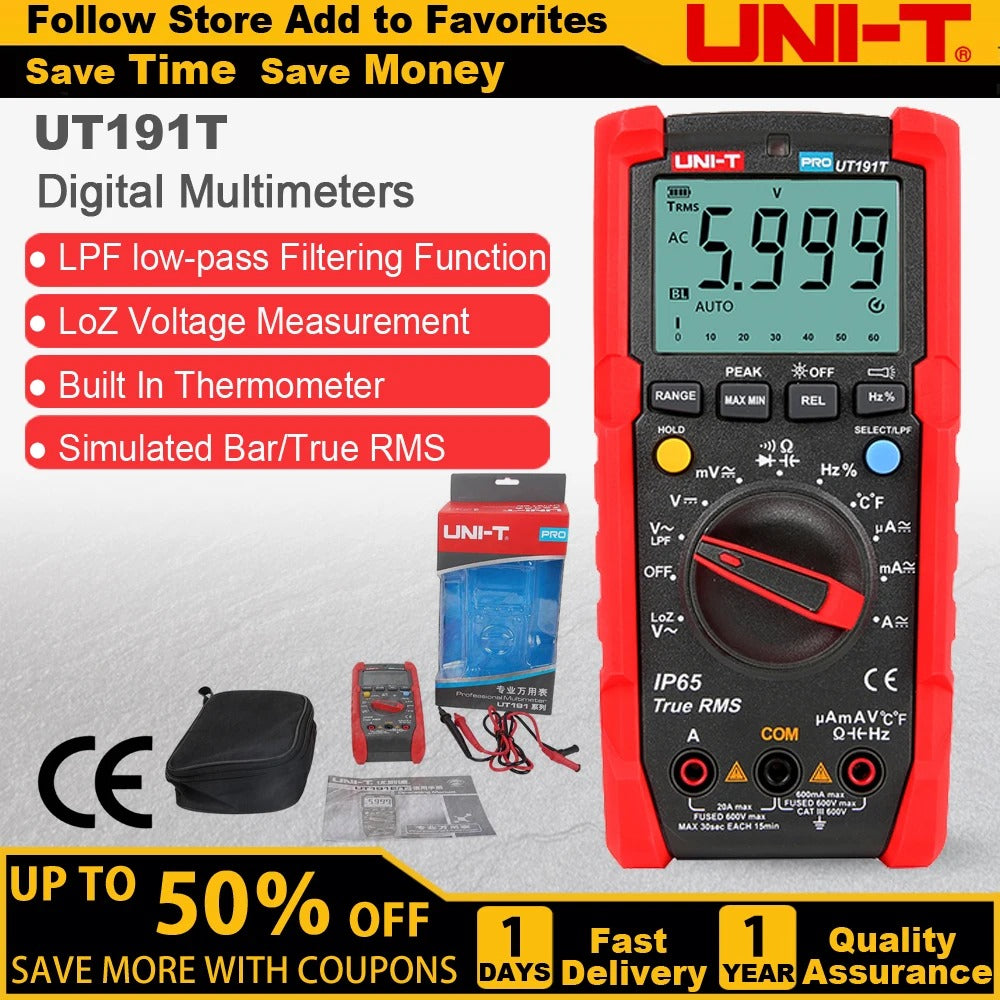 Multimètre industriel UNI-T UT191T, 6 000 points, valeur efficace vraie, CAT III 600 V, IP65, LPF/LoZ, température, courant 20 A, capacité 60 mF