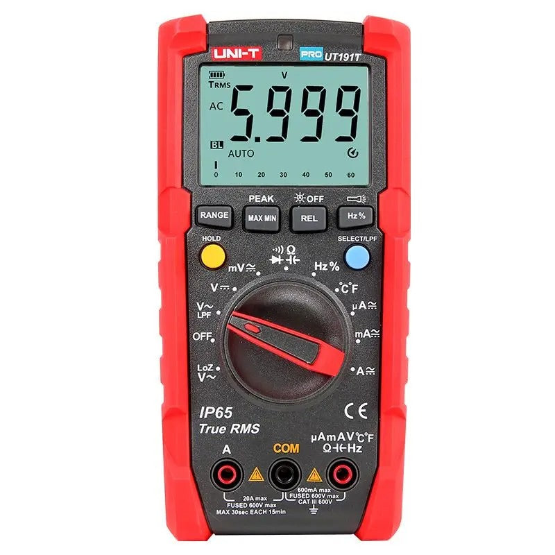 Multimètre industriel UNI-T UT191T, 6 000 points, valeur efficace vraie, CAT III 600 V, IP65, LPF/LoZ, température, courant 20 A, capacité 60 mF