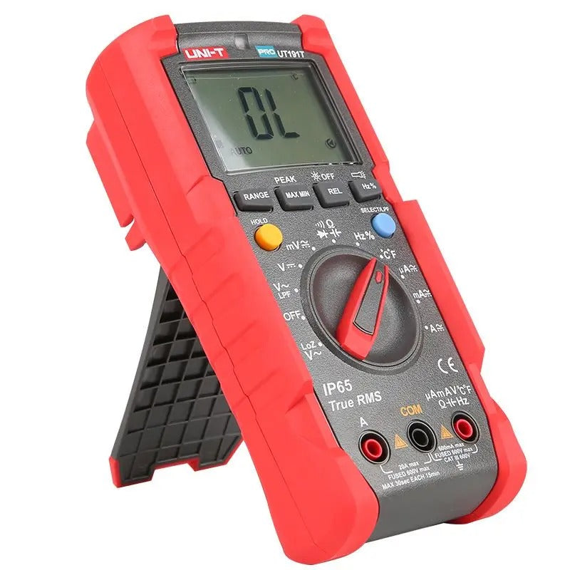 Multimètre industriel UNI-T UT191T, 6 000 points, valeur efficace vraie, CAT III 600 V, IP65, LPF/LoZ, température, courant 20 A, capacité 60 mF