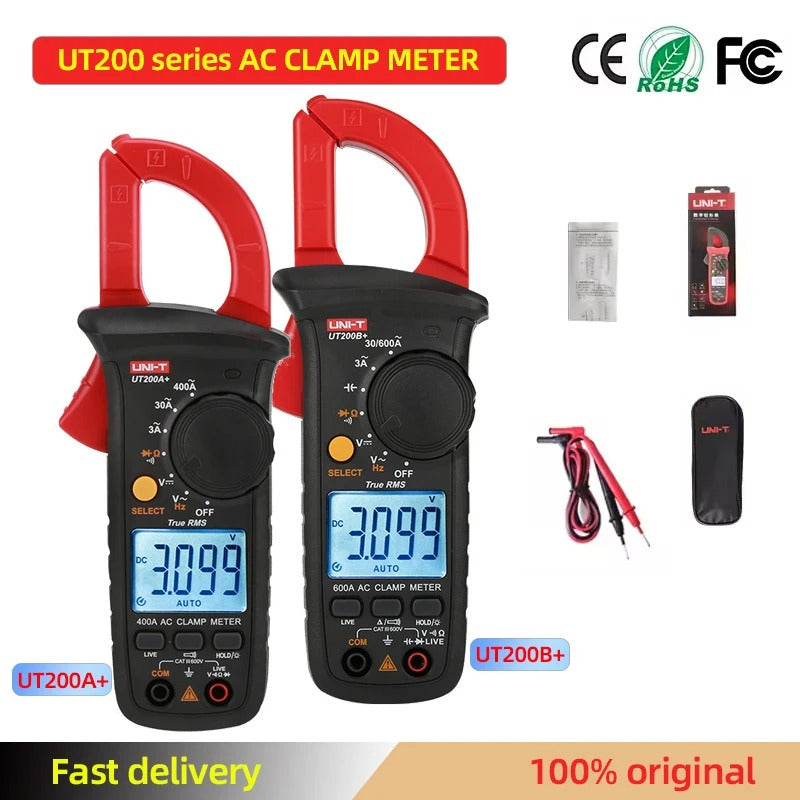 Pinza amperimétrica digital UNI-T UT200A+, 400 A CA, RMS real, CAT III 600 V, NCV, prueba en vivo, 600 V CA/CC, rango automático, LCD retroiluminado