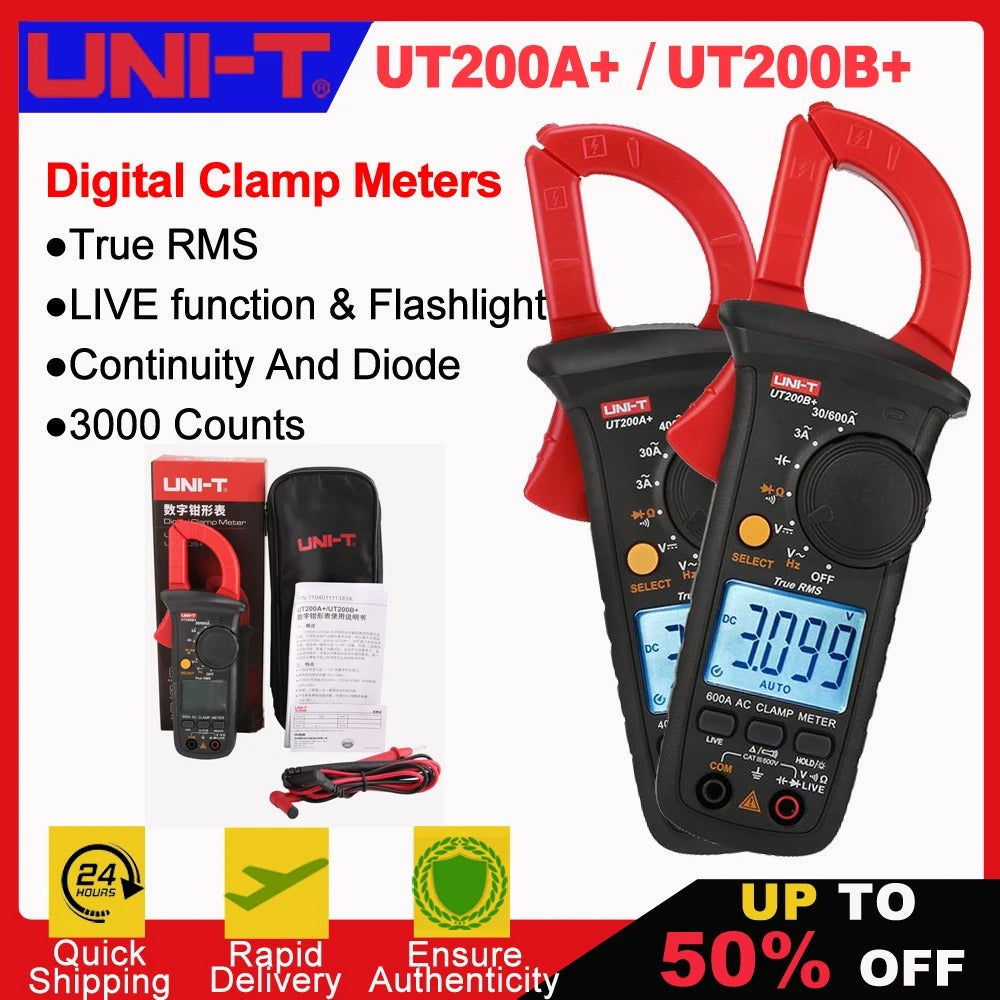 Pince ampèremétrique numérique UNI-T UT200B+, 600 A CA, valeur efficace vraie, 600 V CA/CC, capacité 1 mF, test de fil sous tension, plage automatique, CAT III 600 V