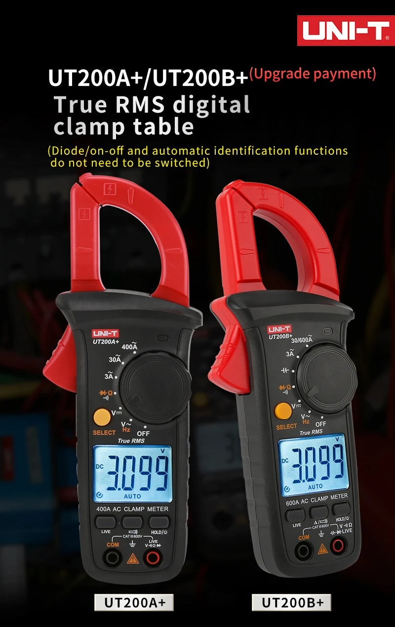 Pince ampèremétrique numérique UNI-T UT200B+, 600 A CA, valeur efficace vraie, 600 V CA/CC, capacité 1 mF, test de fil sous tension, plage automatique, CAT III 600 V