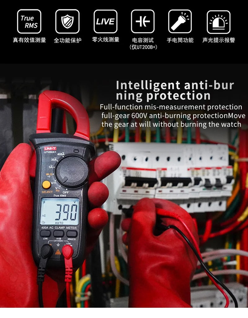 Pince ampèremétrique numérique UNI-T UT200B+, 600 A CA, valeur efficace vraie, 600 V CA/CC, capacité 1 mF, test de fil sous tension, plage automatique, CAT III 600 V