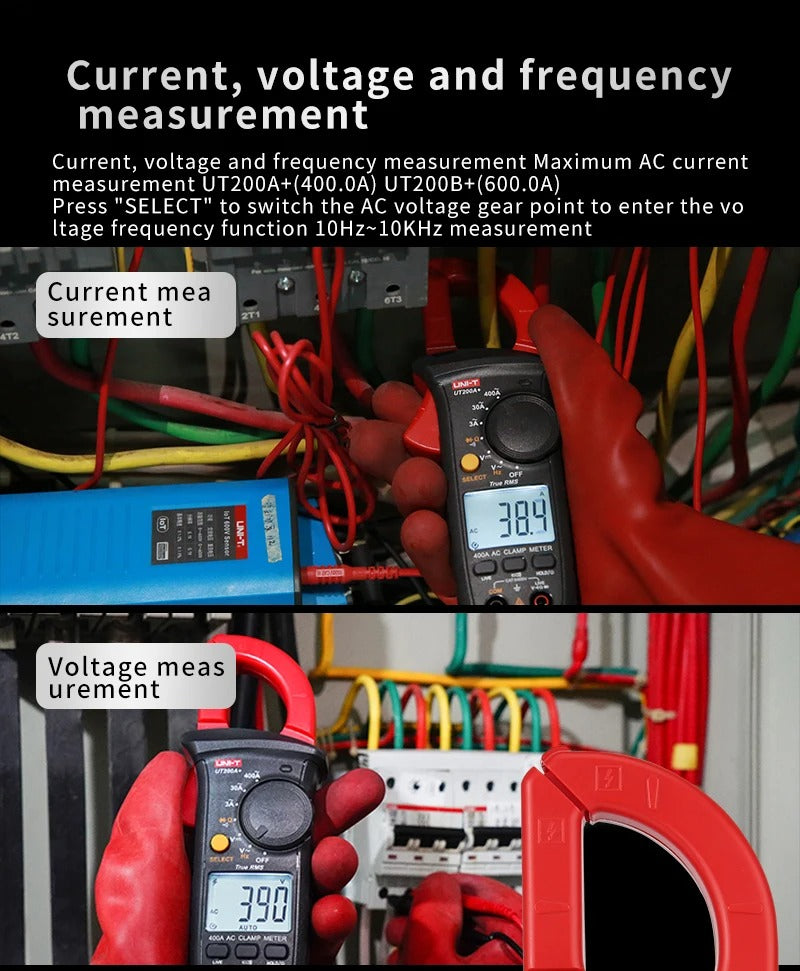Pince ampèremétrique numérique UNI-T UT200B+, 600 A CA, valeur efficace vraie, 600 V CA/CC, capacité 1 mF, test de fil sous tension, plage automatique, CAT III 600 V