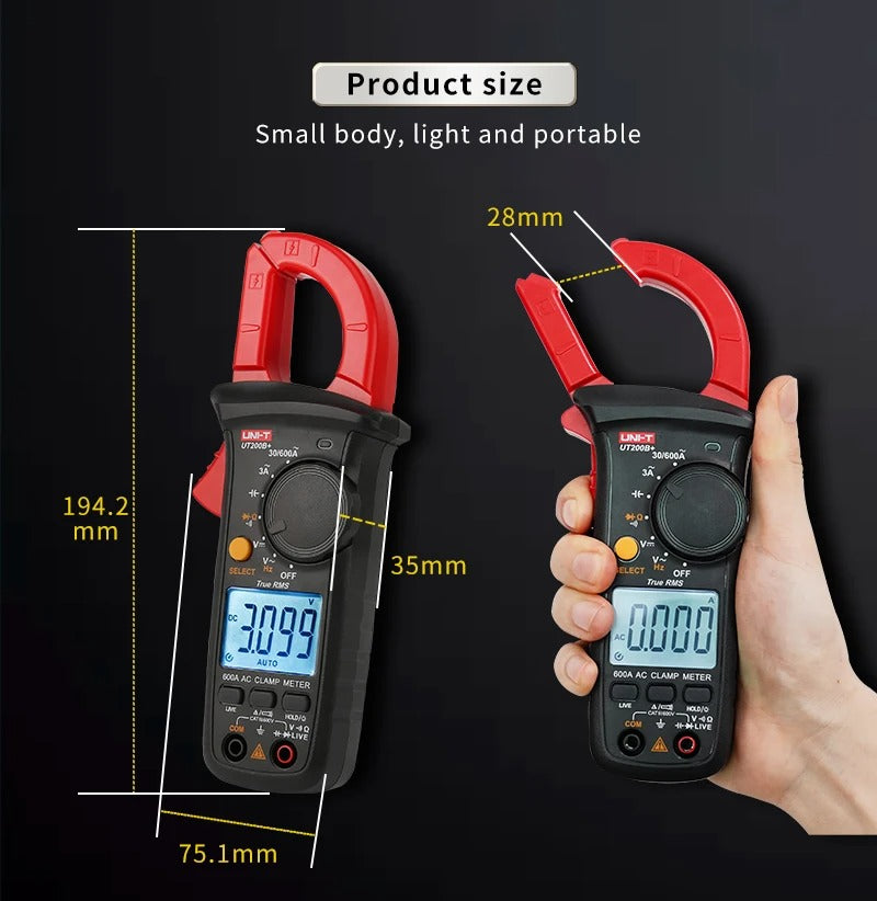 Pince ampèremétrique numérique UNI-T UT200B+, 600 A CA, valeur efficace vraie, 600 V CA/CC, capacité 1 mF, test de fil sous tension, plage automatique, CAT III 600 V