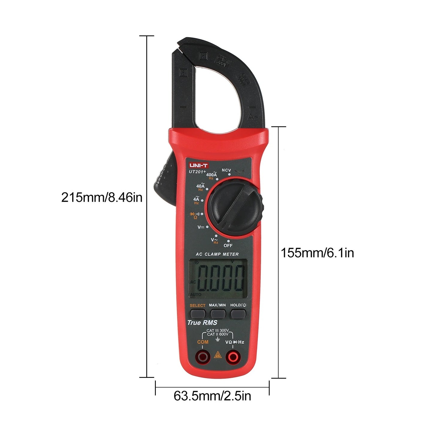 Pince ampèremétrique numérique UNI-T UT201+, 400 A CA, valeur efficace vraie, CAT III 300 V, NCV, 600 V CA/CC, plage automatique, écran LCD rétroéclairé