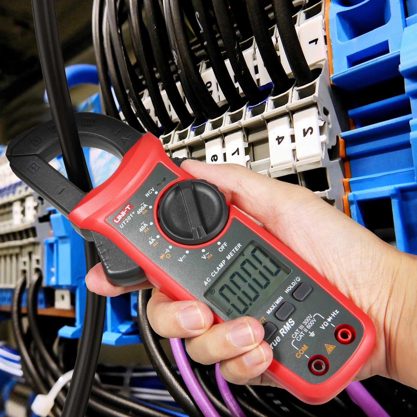 Pince ampèremétrique numérique UNI-T UT201+, 400 A CA, valeur efficace vraie, CAT III 300 V, NCV, 600 V CA/CC, plage automatique, écran LCD rétroéclairé
