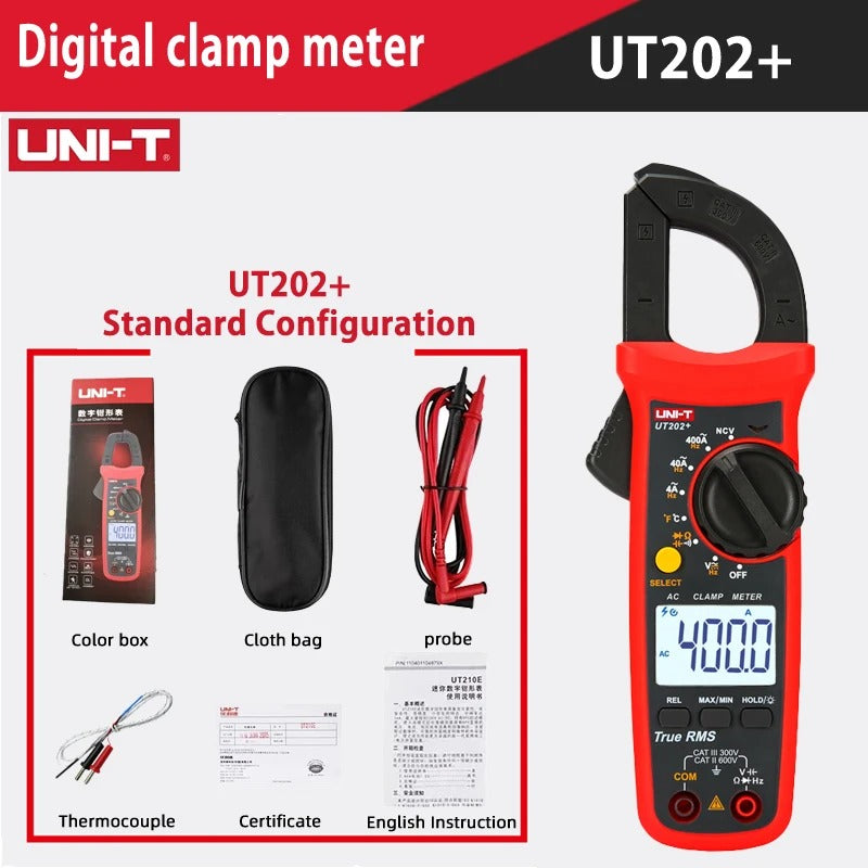 UNI-T UT202+ Digital Clamp Meter, 400A AC, True RMS, CAT III 300V, NCV, Temperature, 4mF Capacitance, Backlit LCD