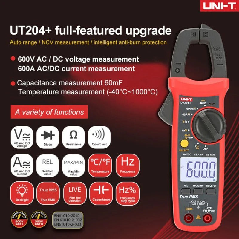 UNI-T UT202+ Digital Clamp Meter, 400A AC, True RMS, CAT III 300V, NCV, Temperature, 4mF Capacitance, Backlit LCD