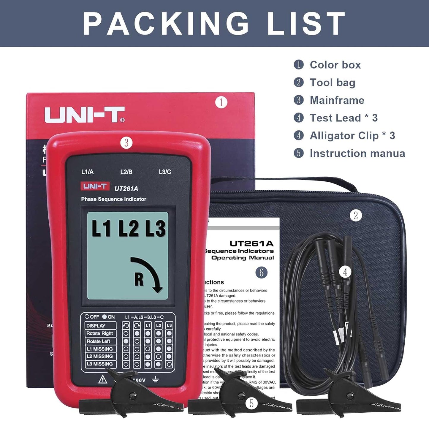 UNI-T UT261A 3-Phase Rotation Meter, AC Phase Sequence Tester 40V-690V, Missing Phase Detection, Resistance/Capacitance/Frequency Measurement, CAT II 1000V/CAT III 600V