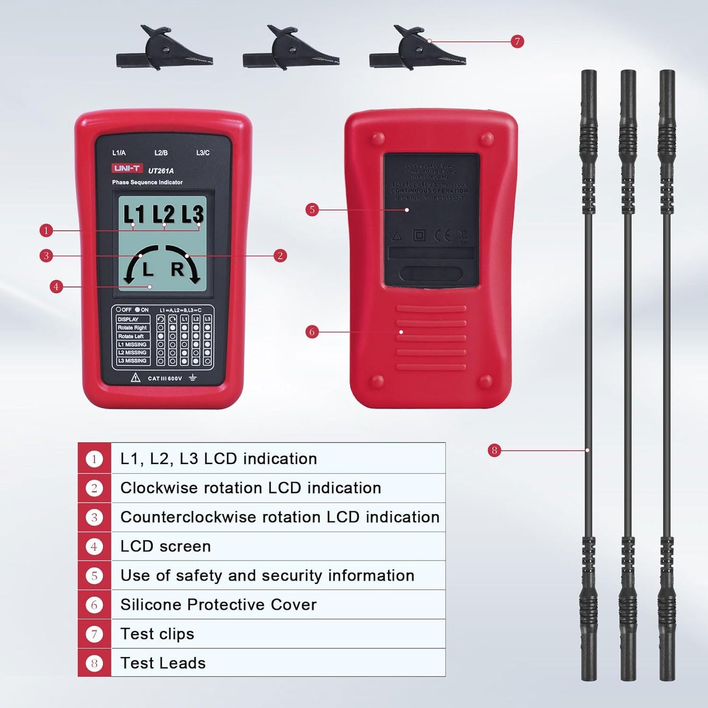 UNI-T UT261A 3-Phase Rotation Meter, AC Phase Sequence Tester 40V-690V, Missing Phase Detection, Resistance/Capacitance/Frequency Measurement, CAT II 1000V/CAT III 600V