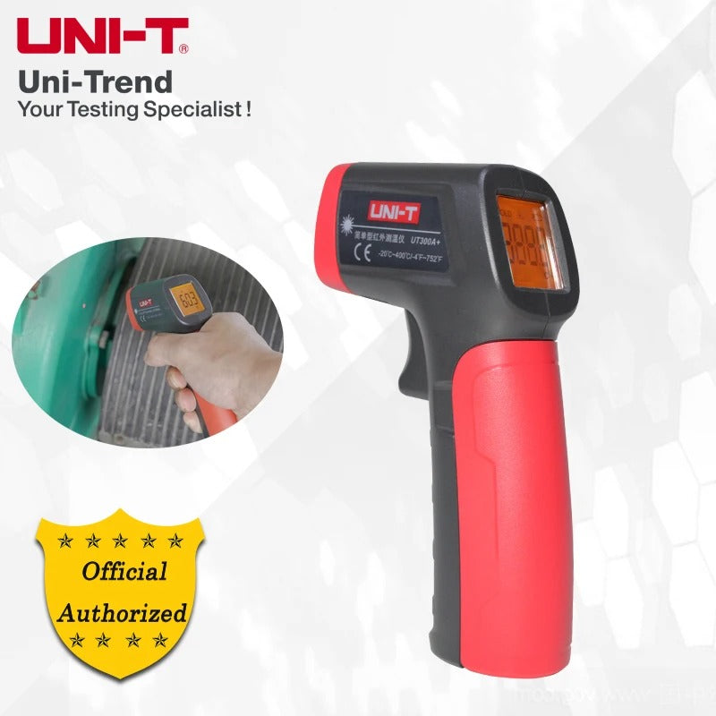 Thermomètre infrarouge UNI-T UT300A+, -20 °C à 400 °C, visée laser, rapport D:S 10:1, écran LCD rétroéclairé, arrêt automatique