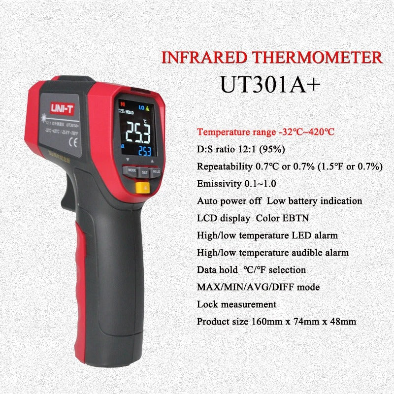 UNI-T UT301A+ Infrared Thermometer, -32°C~420°C, 12:1 D:S Ratio, Adjustable Emissivity, Color LCD, Data Logging