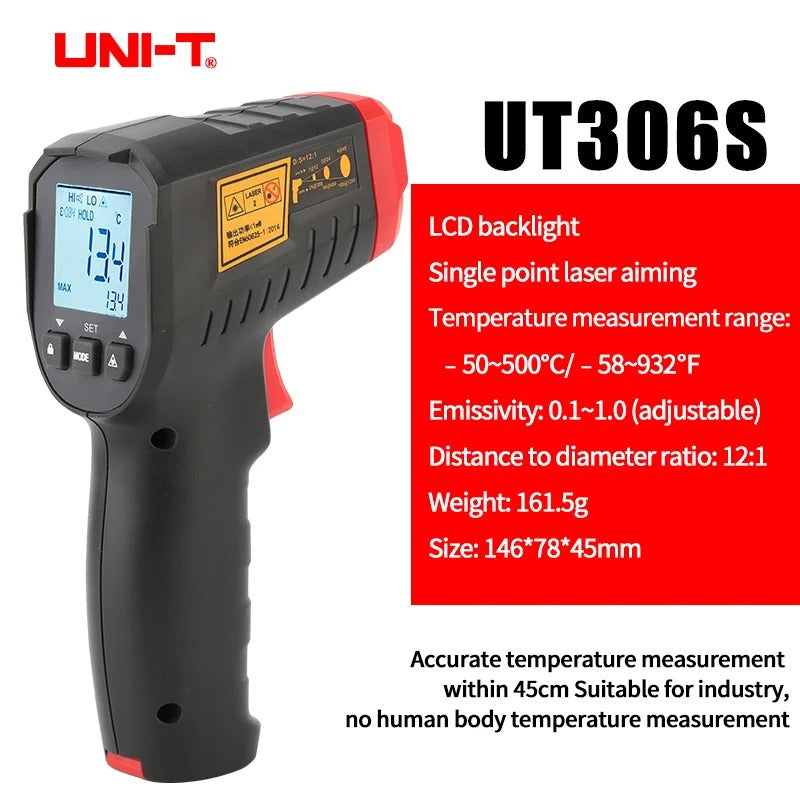 UNI-T UT306S Infrared Thermometer, -50°C~500°C, 12:1 D:S Ratio, Single Laser, Adjustable Emissivity, Data Hold