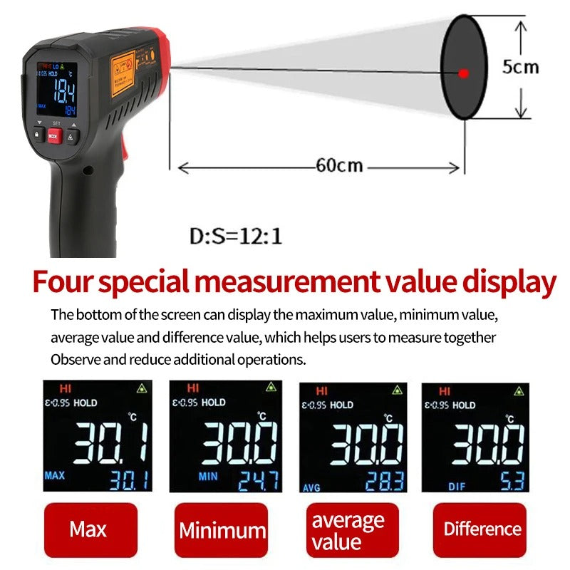 UNI-T UT306S Infrared Thermometer, -50°C~500°C, 12:1 D:S Ratio, Single Laser, Adjustable Emissivity, Data Hold