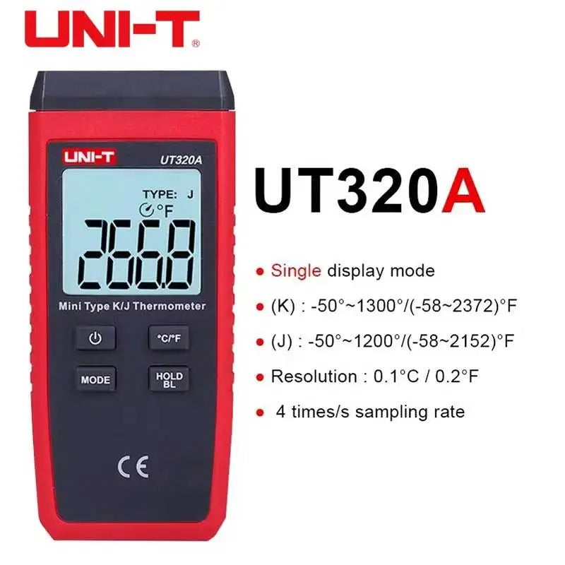 Termómetro termopar UNI-T UT320A, -50 °C ~ 1300 °C, tipo K/J, LCD retroiluminado, retención de datos, certificación CE