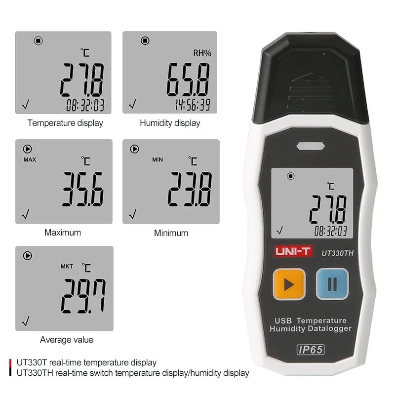 Registrador de datos USB UNI-T UT330TH, -30 °C ~ 70 °C, 0-99 % HR, 64 000 puntos, software para PC, IP65 (1 unidad)