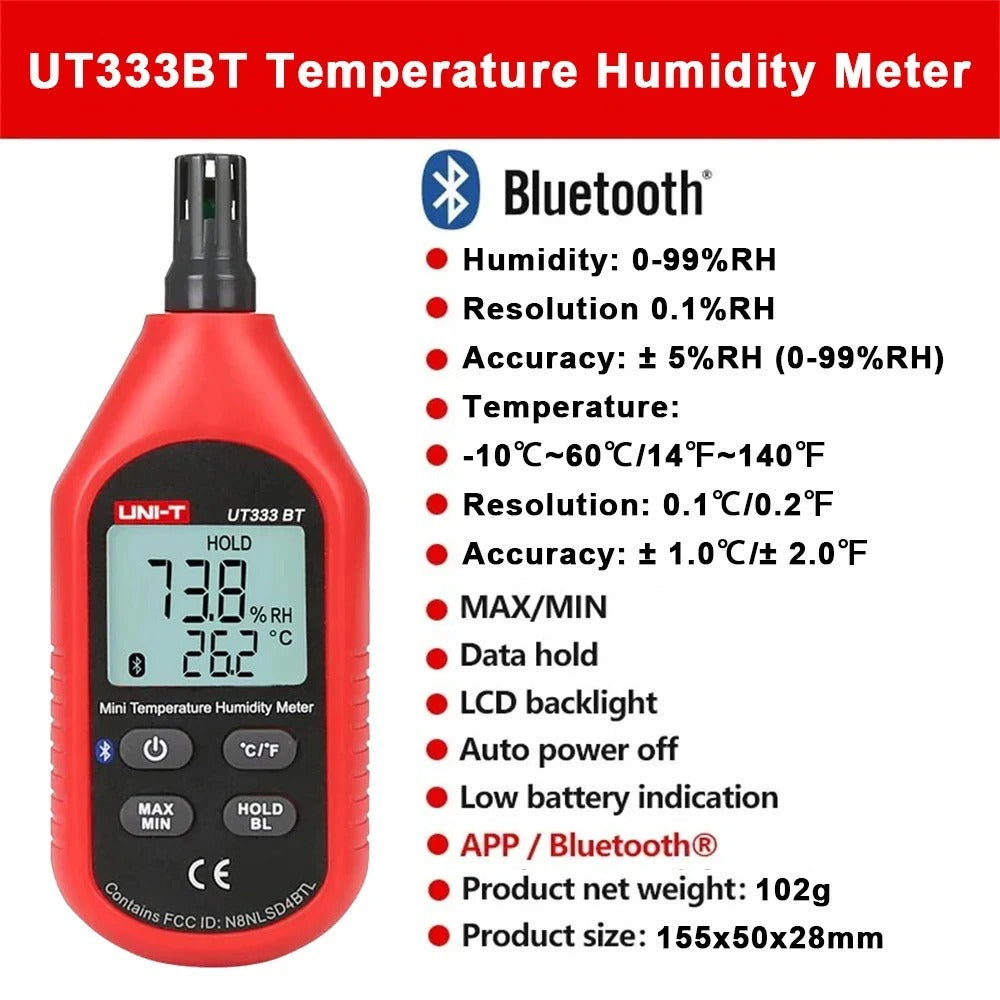 Medidor de temperatura y humedad UNI-T UT333BT con Bluetooth, -10 °C a 60 °C, 0-100 % HR, pantalla LCD, aplicación móvil, certificación CE