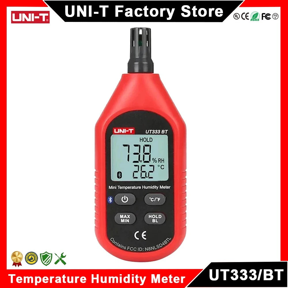 Medidor de temperatura y humedad UNI-T UT333BT con Bluetooth, -10 °C a 60 °C, 0-100 % HR, pantalla LCD, aplicación móvil, certificación CE