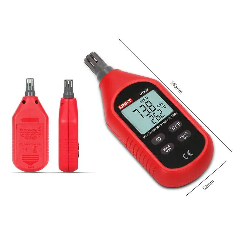 Medidor de temperatura y humedad UNI-T UT333BT con Bluetooth, -10 °C a 60 °C, 0-100 % HR, pantalla LCD, aplicación móvil, certificación CE