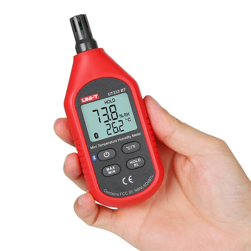 Medidor de temperatura y humedad UNI-T UT333BT con Bluetooth, -10 °C a 60 °C, 0-100 % HR, pantalla LCD, aplicación móvil, certificación CE