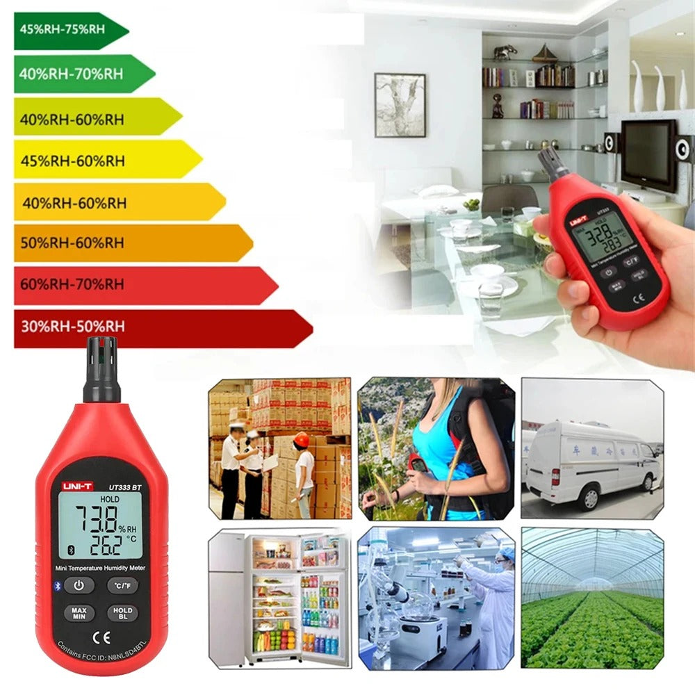 Medidor de temperatura y humedad UNI-T UT333BT con Bluetooth, -10 °C a 60 °C, 0-100 % HR, pantalla LCD, aplicación móvil, certificación CE