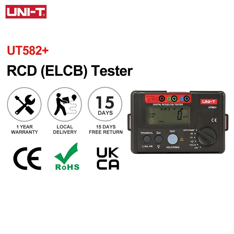 Testeur de disjoncteur différentiel UNI-T UT582+, courant de déclenchement 10-500 mA, temporisation 0-2000 ms, CAT III 300 V, test de rampe automatique, certifié CE