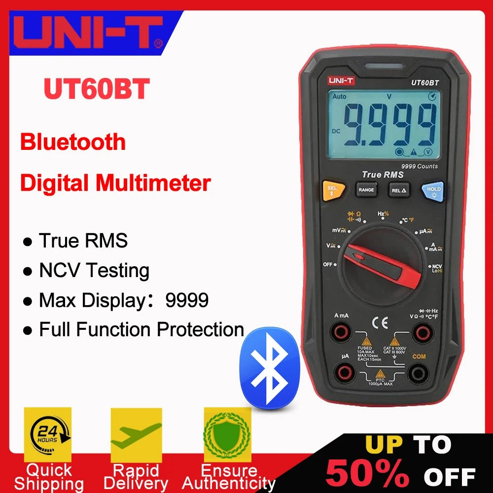 Multimètre numérique UNI-T UT60BT, 9 999 points, valeur efficace vraie, Bluetooth, CAT II 1 000 V, NCV, sélection automatique de plage, capacité jusqu'à 9,999 mF