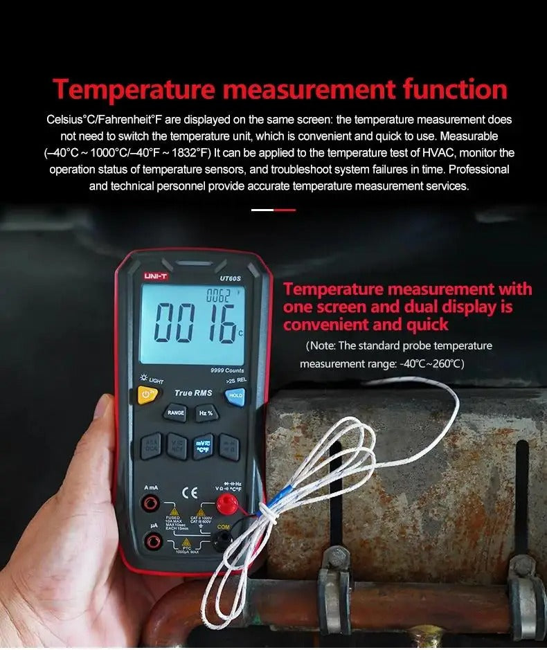 Multimètre numérique UNI-T UT60BT, 9 999 points, valeur efficace vraie, Bluetooth, CAT II 1 000 V, NCV, sélection automatique de plage, capacité jusqu'à 9,999 mF