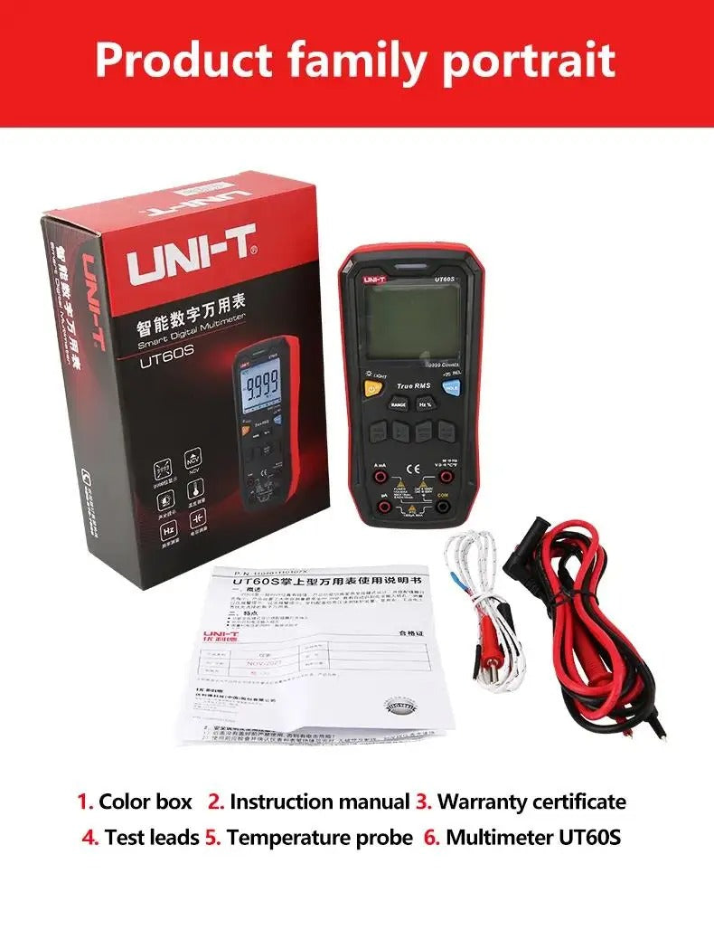 Multimètre numérique UNI-T UT60BT, 9 999 points, valeur efficace vraie, Bluetooth, CAT II 1 000 V, NCV, sélection automatique de plage, capacité jusqu'à 9,999 mF