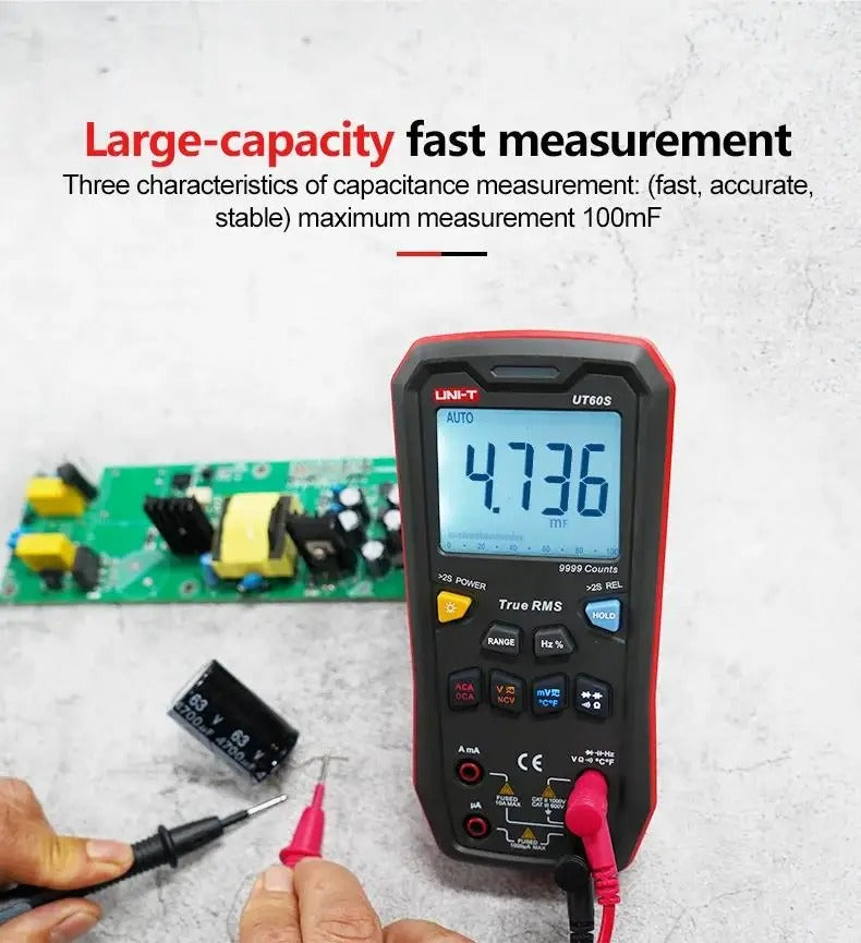 Multimètre numérique UNI-T UT60BT, 9 999 points, valeur efficace vraie, Bluetooth, CAT II 1 000 V, NCV, sélection automatique de plage, capacité jusqu'à 9,999 mF