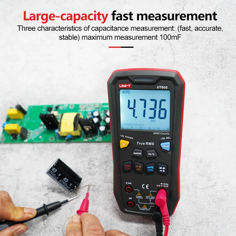 Multimètre numérique UNI-T UT60S, 9 999 points, valeur efficace vraie, CAT III 600 V, NCV, sélection automatique de plage, capacité jusqu'à 99,99 mF, écran LCD rétroéclairé