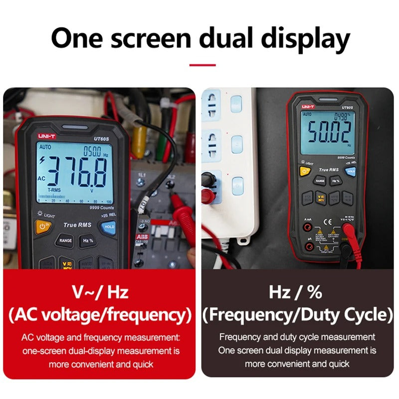 Multimètre numérique UNI-T UT60S, 9 999 points, valeur efficace vraie, CAT III 600 V, NCV, sélection automatique de plage, capacité jusqu'à 99,99 mF, écran LCD rétroéclairé