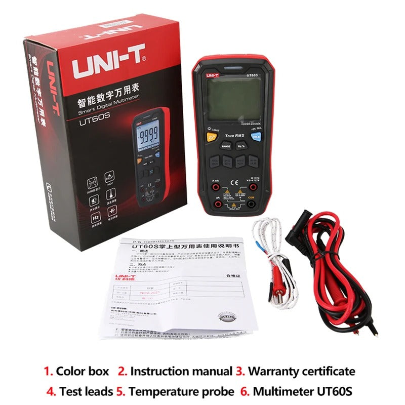 Multimètre numérique UNI-T UT60S, 9 999 points, valeur efficace vraie, CAT III 600 V, NCV, sélection automatique de plage, capacité jusqu'à 99,99 mF, écran LCD rétroéclairé