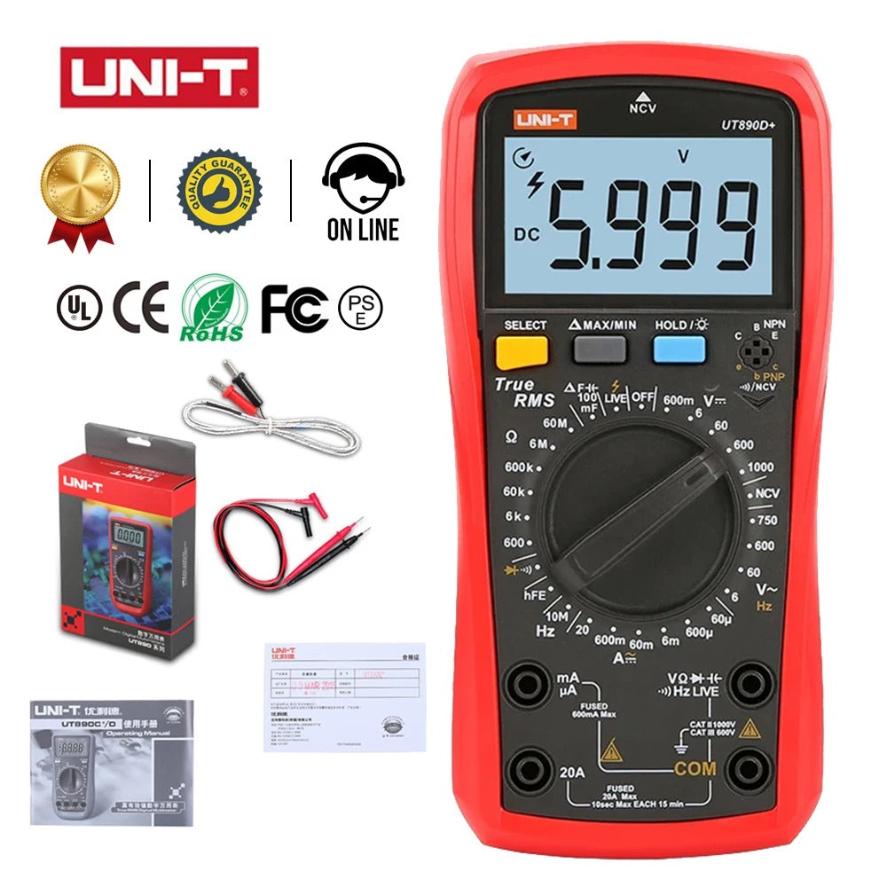 Multimètre numérique UNI-T UT890D+, 6 000 points, valeur efficace vraie, CAT III 1 000 V, test de fil sous tension, NCV, courant 20 A, capacité 99,99 mF