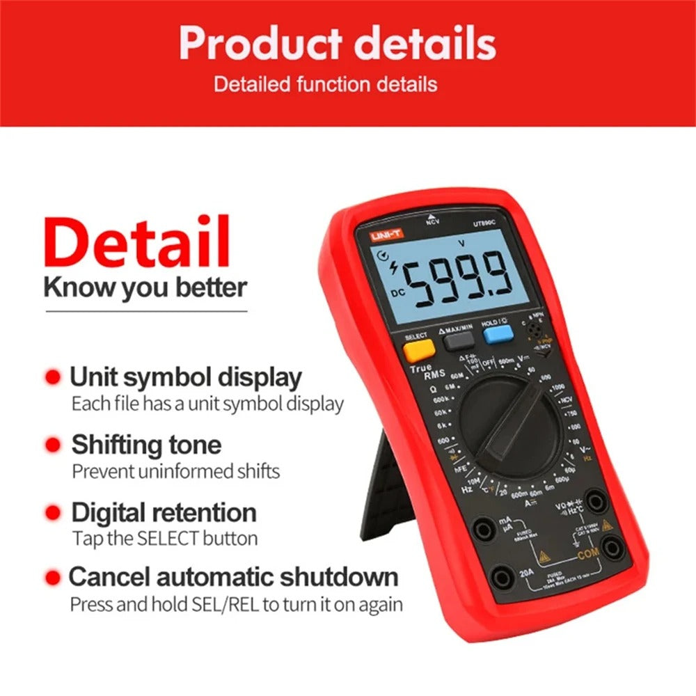 Multimètre numérique UNI-T UT890D+, 6 000 points, valeur efficace vraie, CAT III 1 000 V, test de fil sous tension, NCV, courant 20 A, capacité 99,99 mF