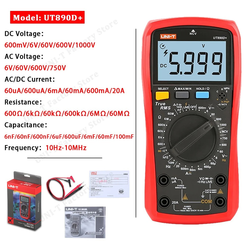 Multimètre numérique UNI-T UT890D+, 6 000 points, valeur efficace vraie, CAT III 1 000 V, test de fil sous tension, NCV, courant 20 A, capacité 99,99 mF