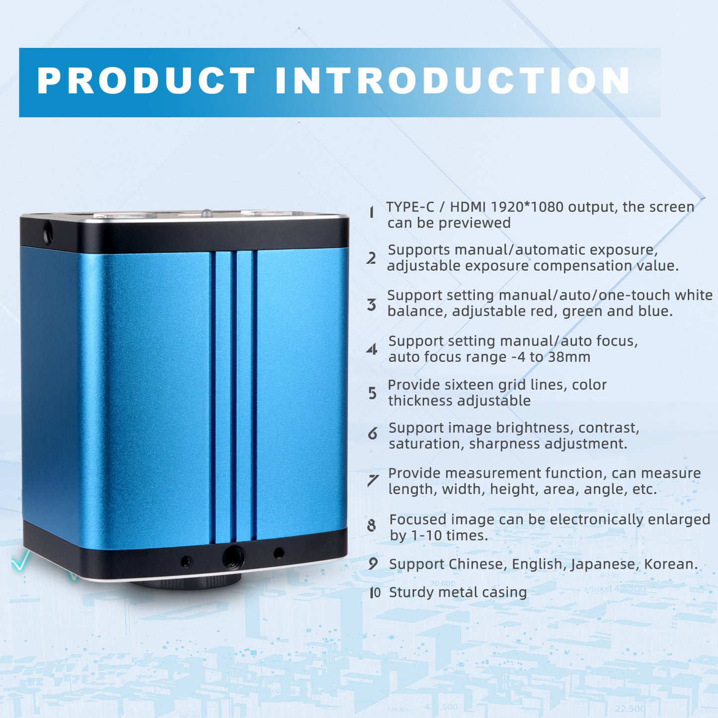 Auto focus industrial camera XZ5001 CCD lens ultra clear HDMI dual output capable of measuring and storing