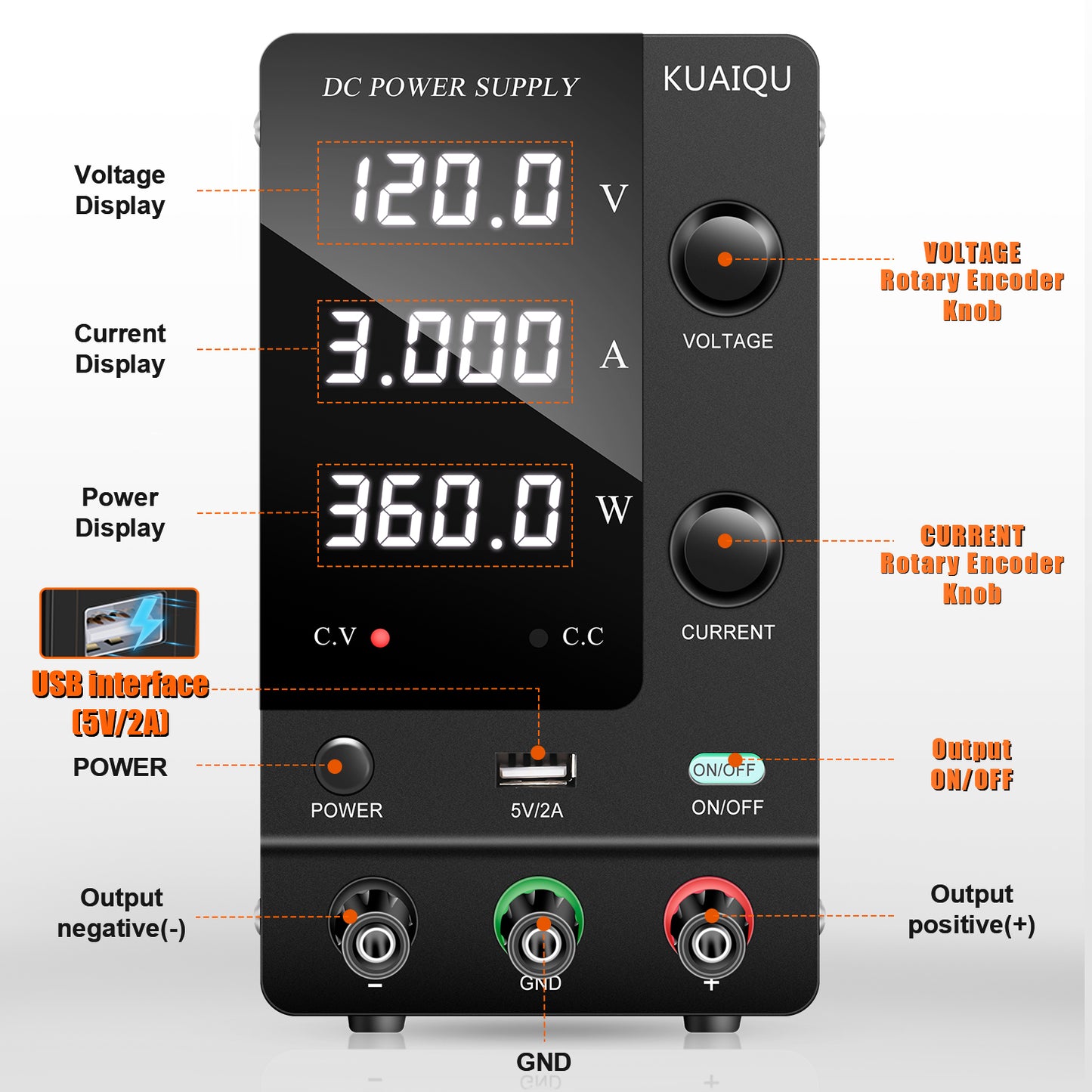 KUAIQU SPPS-C1203-Black 120V 3A DC Power Supply Individual voltage & current knob CC/CV mode Small and medium power load testing