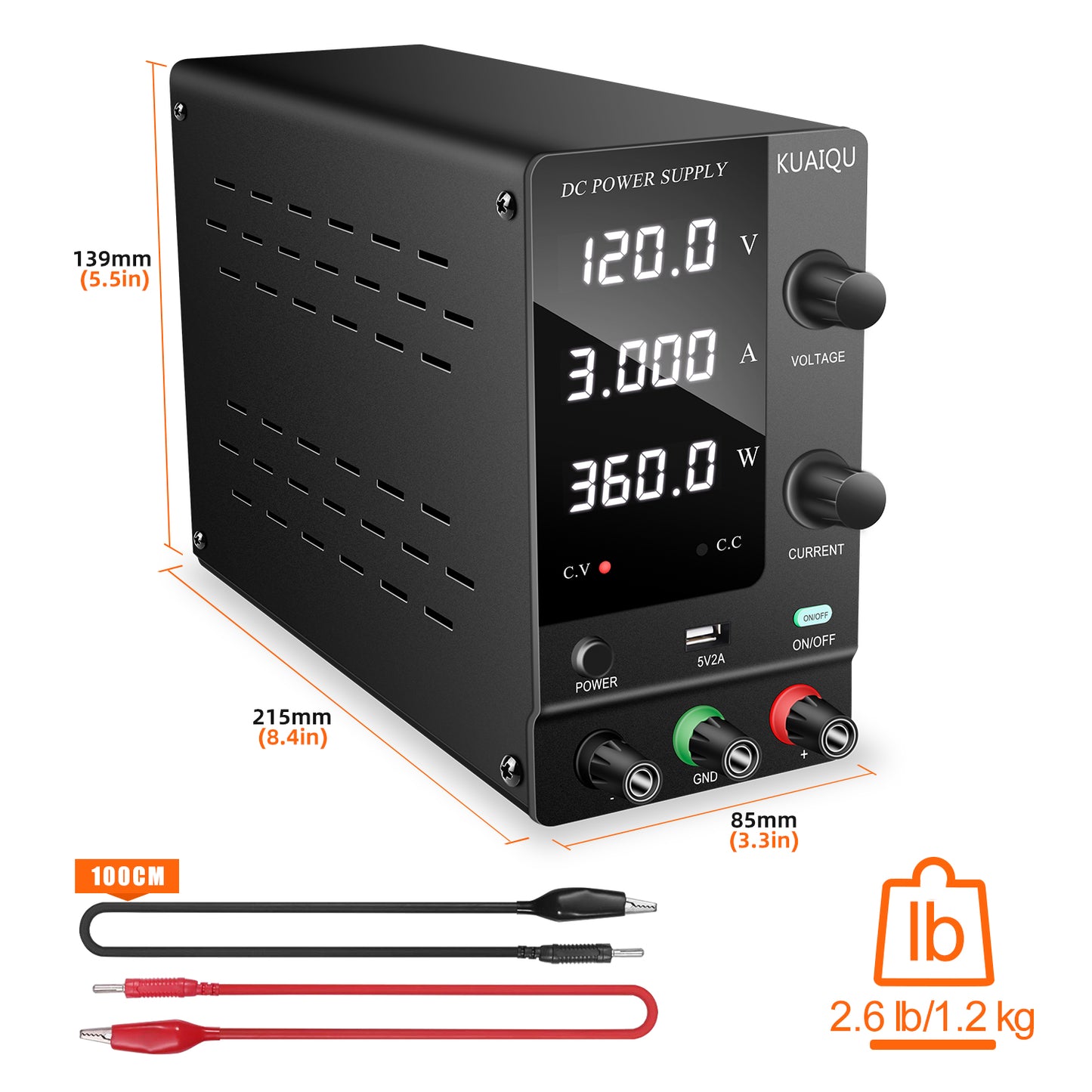 KUAIQU SPPS-C1203-Black 120V 3A DC Power Supply Individual voltage & current knob CC/CV mode Small and medium power load testing