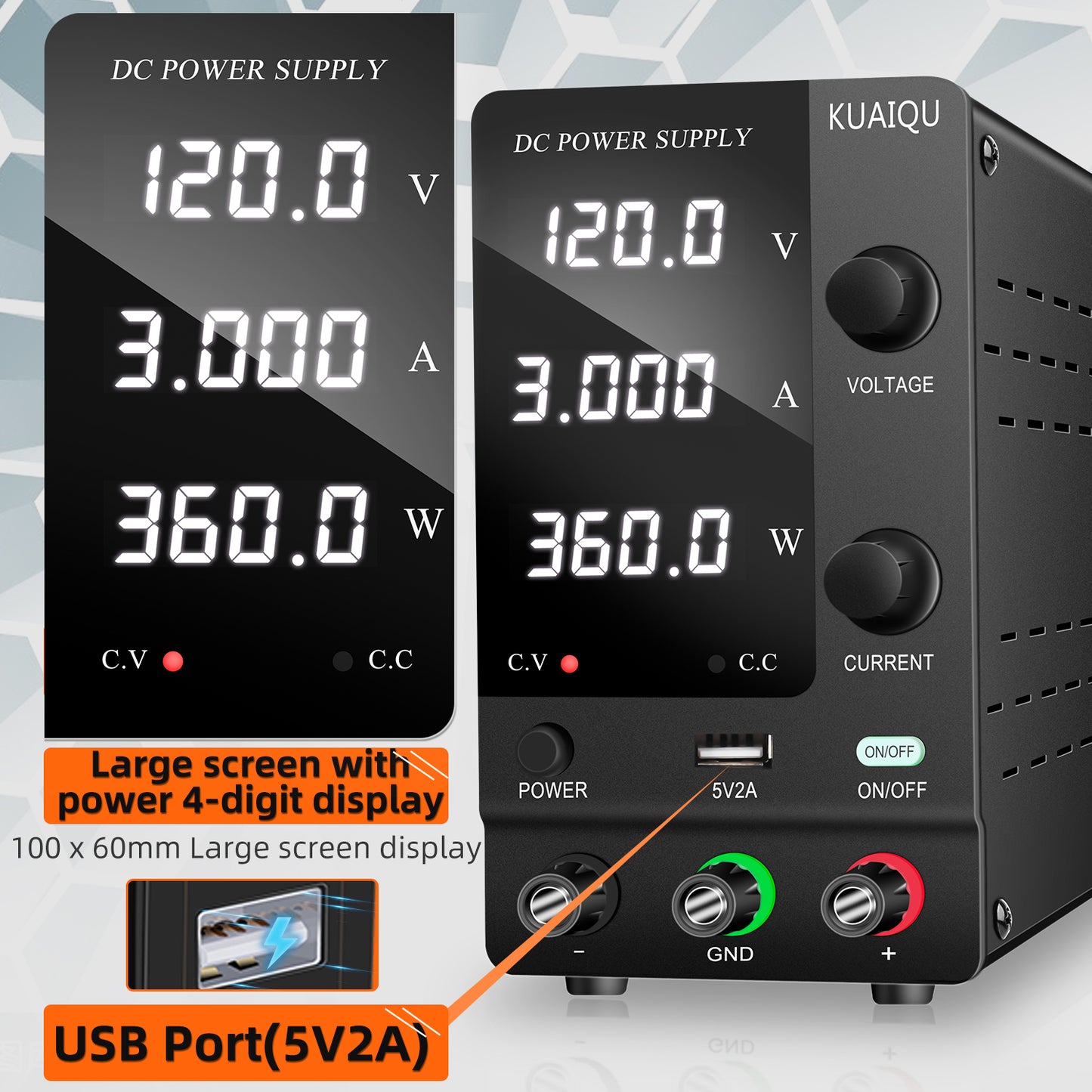 KUAIQU SPPS-C1203-Black 120V 3A DC Power Supply Individual voltage & current knob CC/CV mode Small and medium power load testing