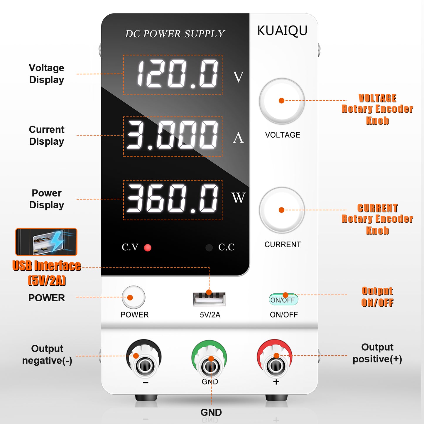 High precision power supply KUAIQU120V 3A DC Power Supply SPPS-C1203-White Certified by CE, UL High voltage demand