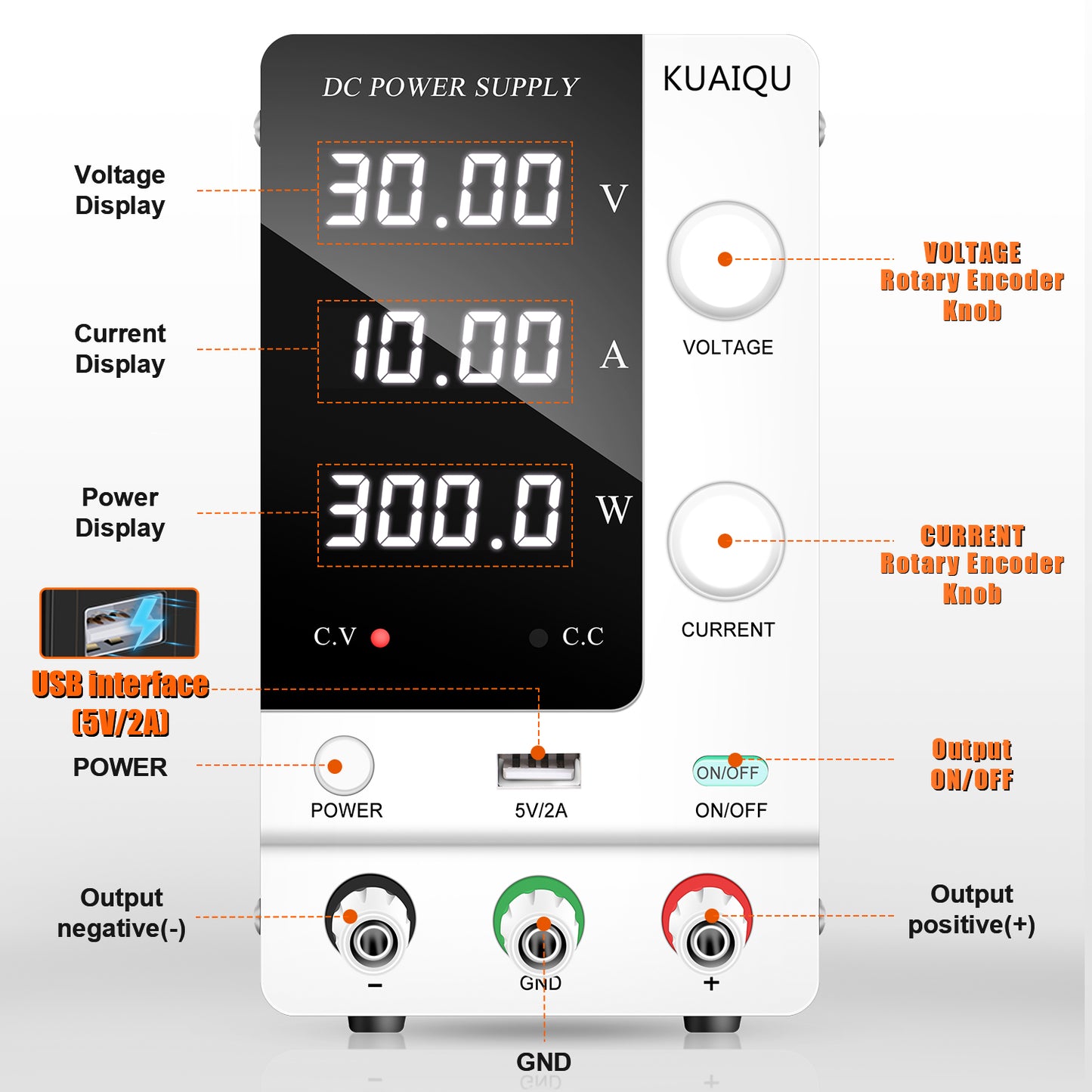 Essential for testing 30V 10A DC Power Supply White KUAIQU SPPS-C3010 USB 5V2A & CV/CC mode