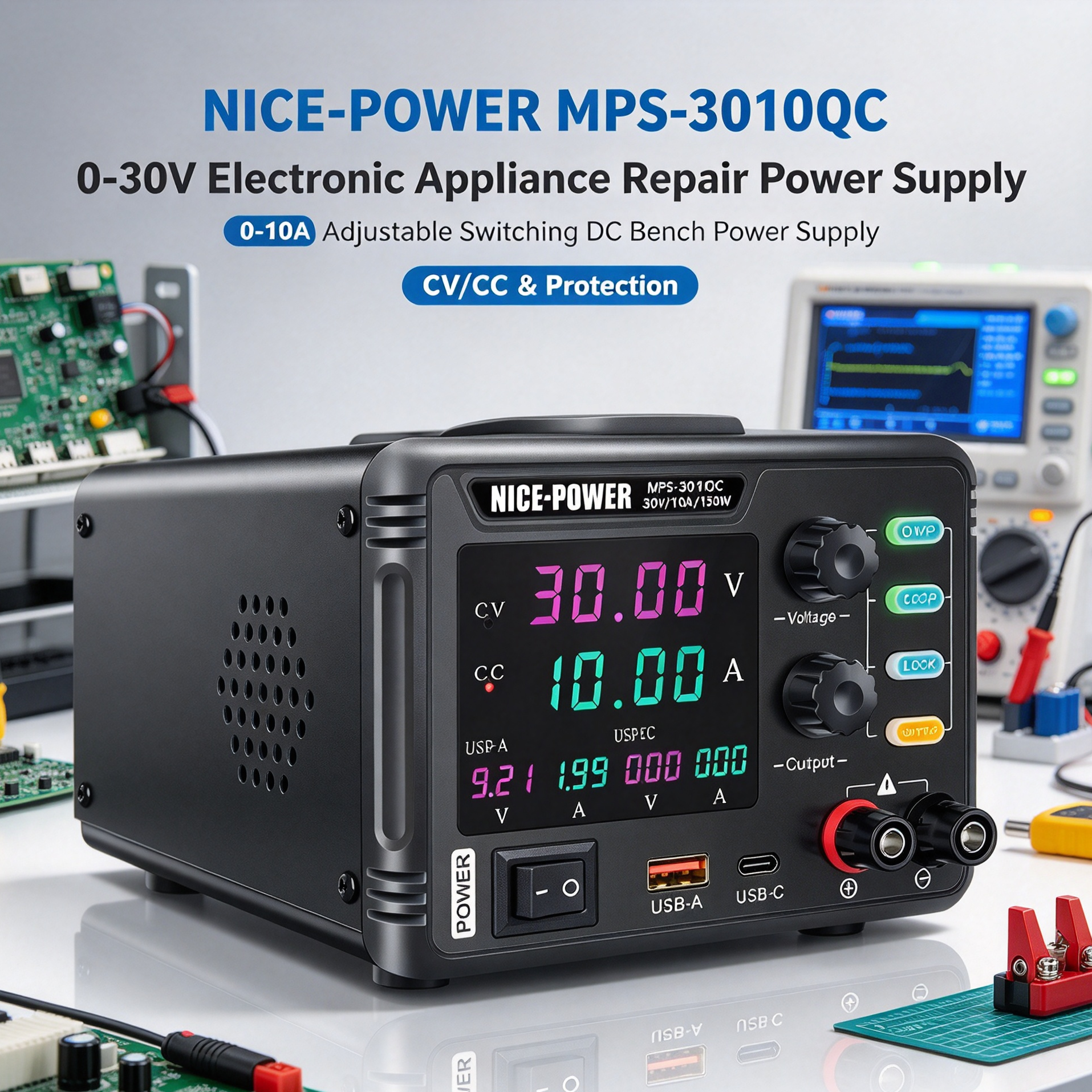 0-30V Electronic Appliance Repair Power Supply, 0-10A Adjustable Switching DC Bench Power Supply with CV/CC &Protection