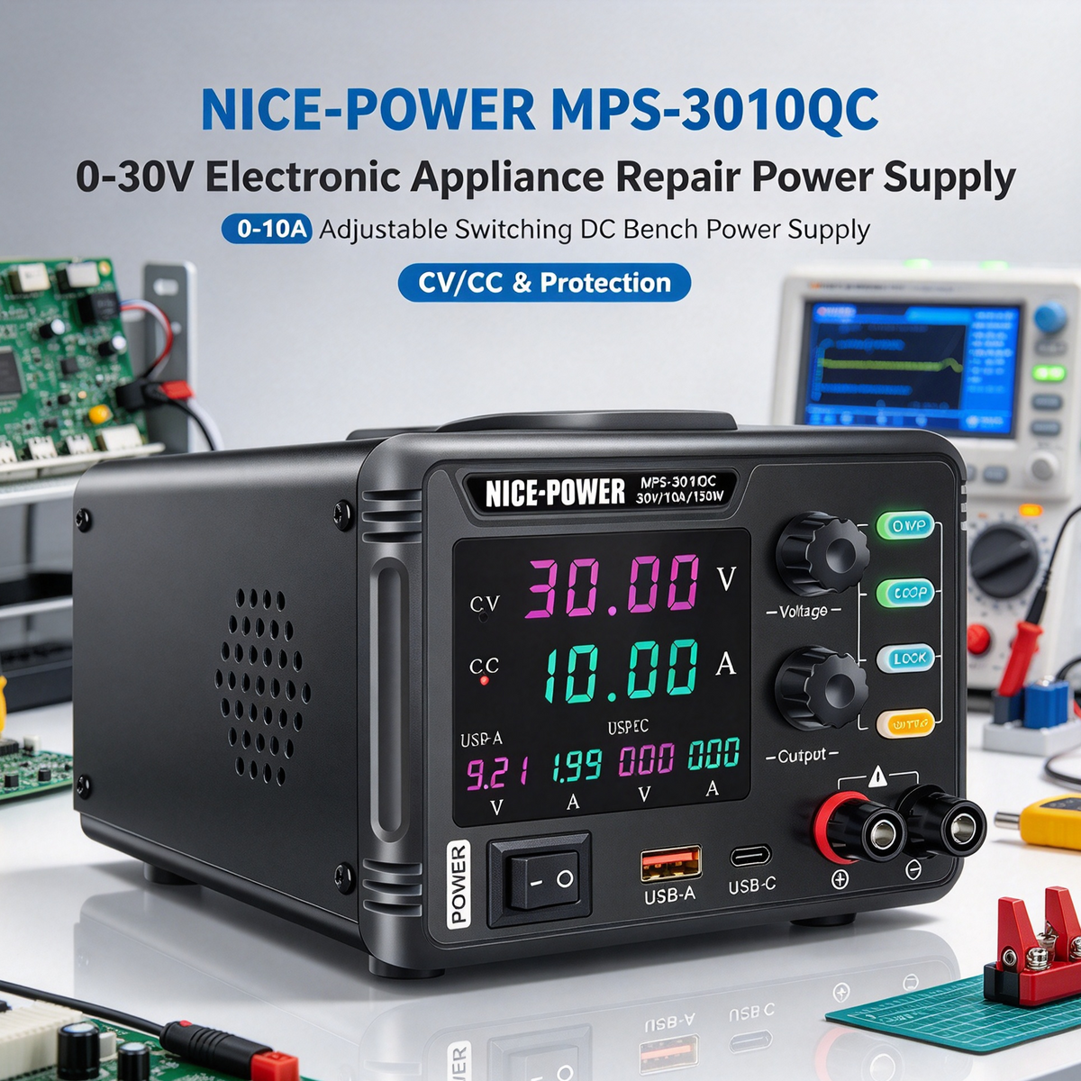 0-30V Electronic Appliance Repair Power Supply, 0-10A Adjustable Switching DC Bench Power Supply with CV/CC &Protection